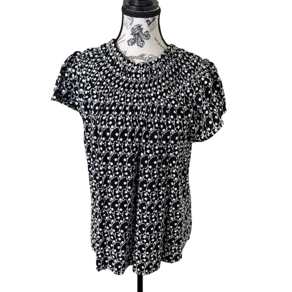 LOFT Petites women Blouse size L Black Polka Dot Boat Neck‎ short Sleeve casual